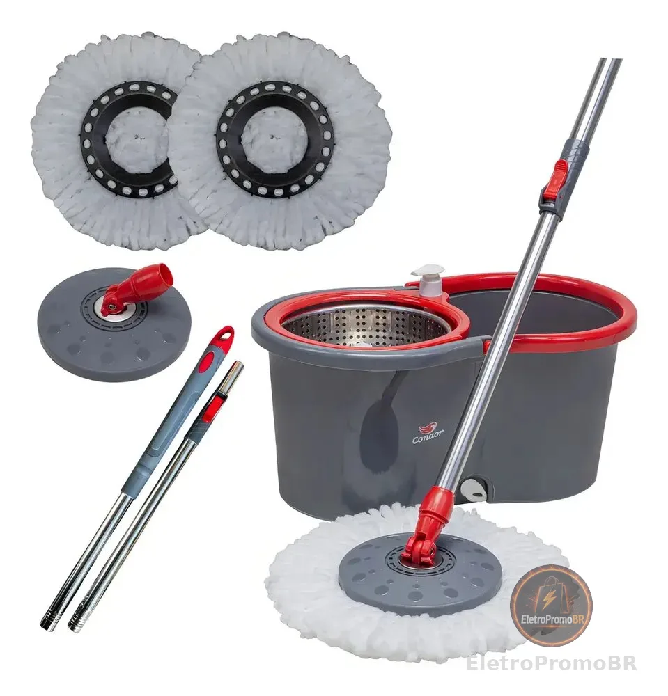 Mop Esfregão Giratório Condor Balde Inox 13 Litros + Refil Microfibra + Cabo Longo 1,4 Metros