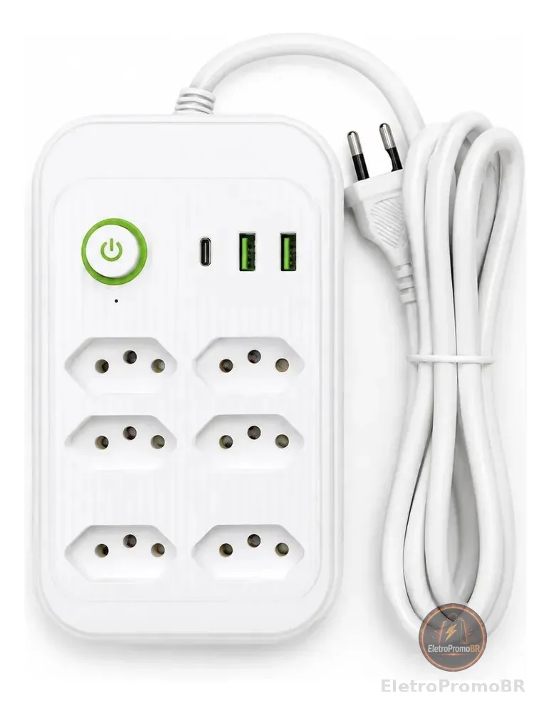Régua Extensão 6 Tomadas 2 Usb Tipo C Filtro Linha 1,5m Branco 127/220v