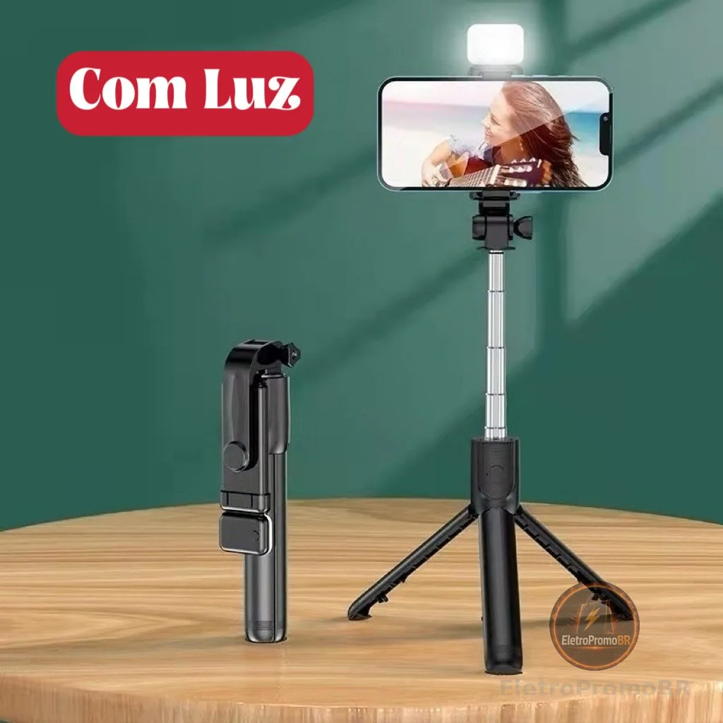 Bastão Pau de selfie Tripé Retrátil Com Luz LED Controle Bluetooth Celular