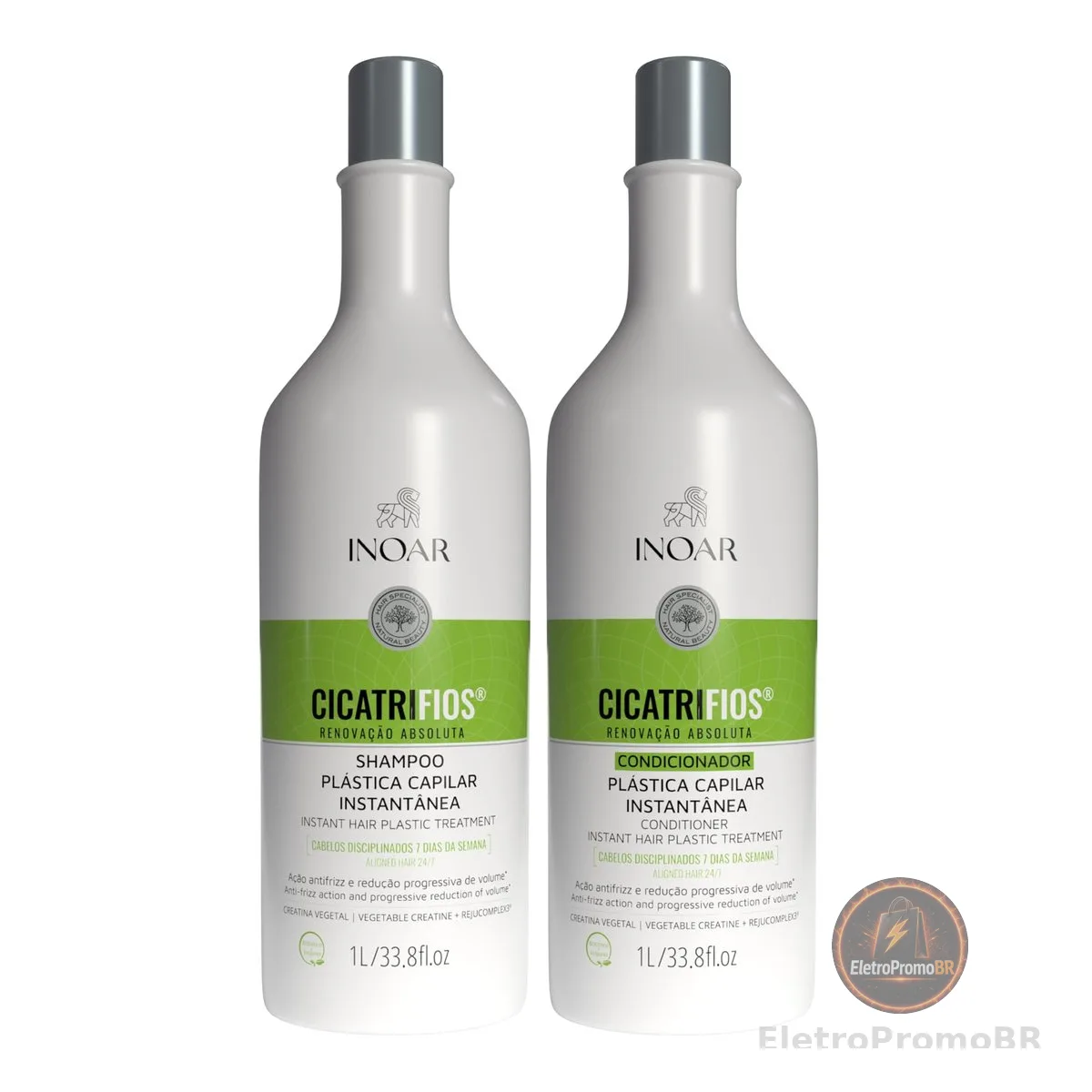 Inoar, Kit CicatriFios Plástica Capilar – Shampoo e Condicionador 2x1L, Redução de Frizz, Brilho Intenso, Hidratação Profunda, Proteção Térmica e Volume Controlado