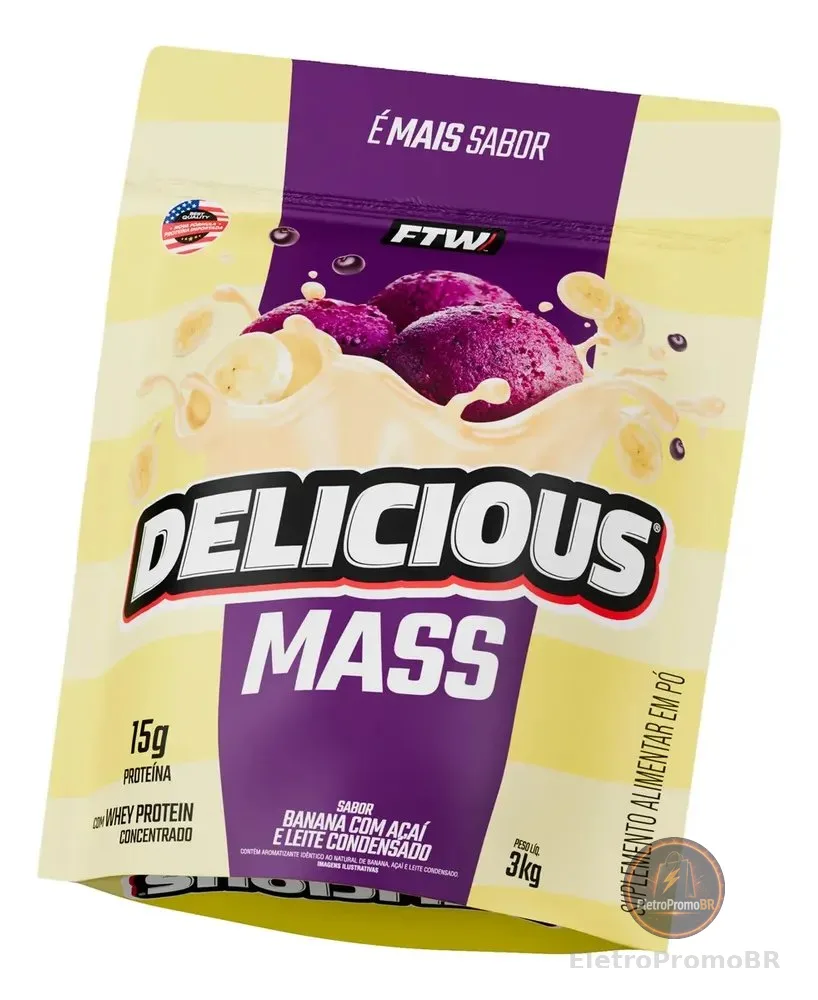 Hipercalórico Delicious Mass FTW 3kg Sabor Banana Açai e Leite Condensado Ganho de Massa - 15g Proteína