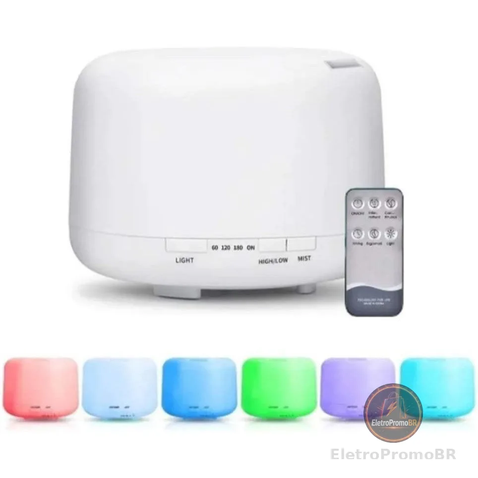Umidificador Difusor Aromatizador 300ml Ultrassônico Estilo Branco com Led 7 cores com controle