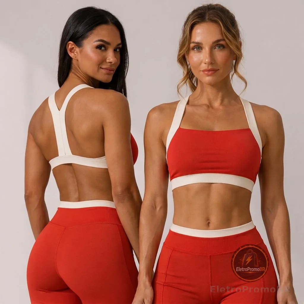 Conjunto Fitness Poliamida Feminino Top Short Academia Treino Musculação Cós Alto Costas Aberta