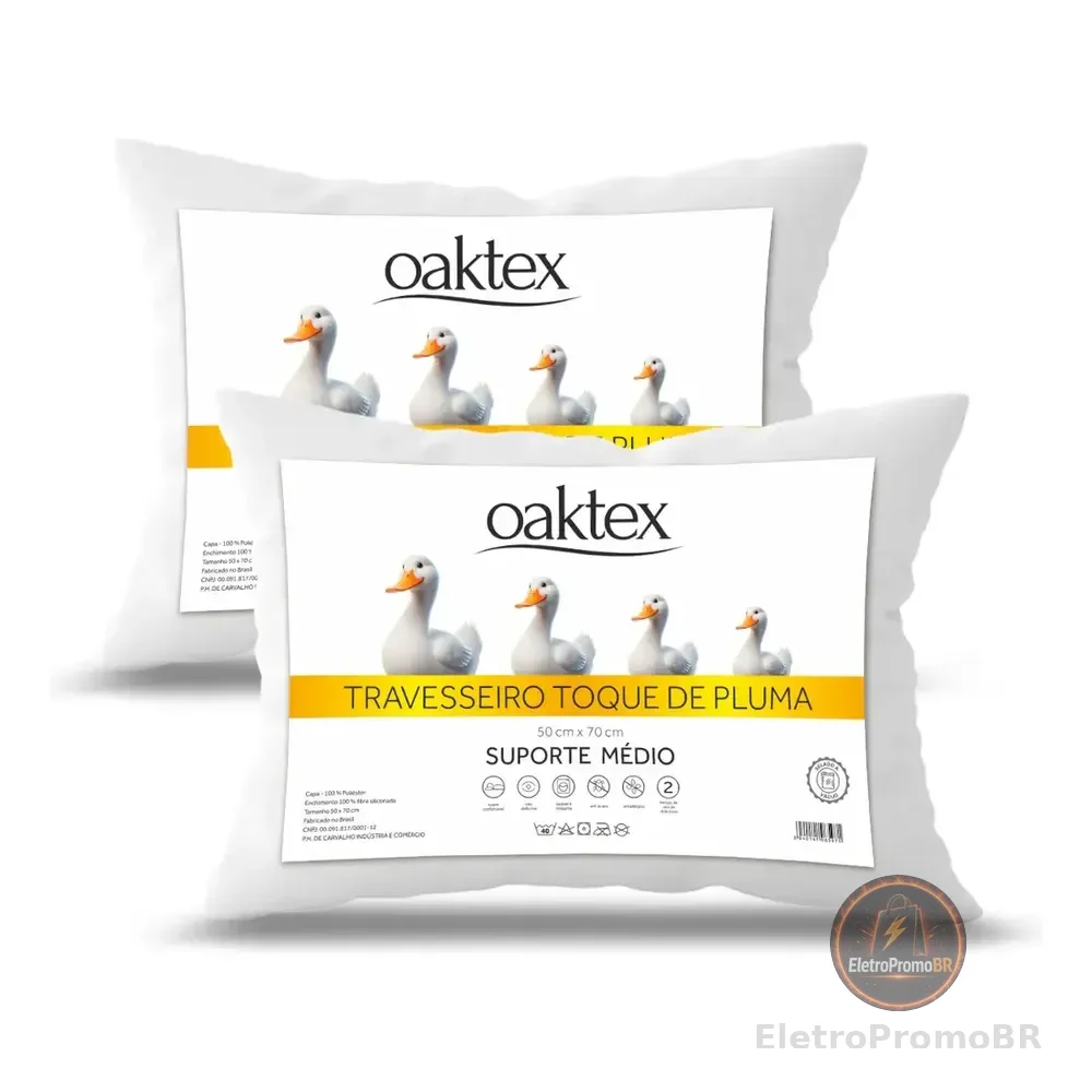 Kit 2 Travesseiros 70x50 Antialérgico Lavável Fibra Siliconada Toque De Pluma De Ganso Oaktex Cor Branco