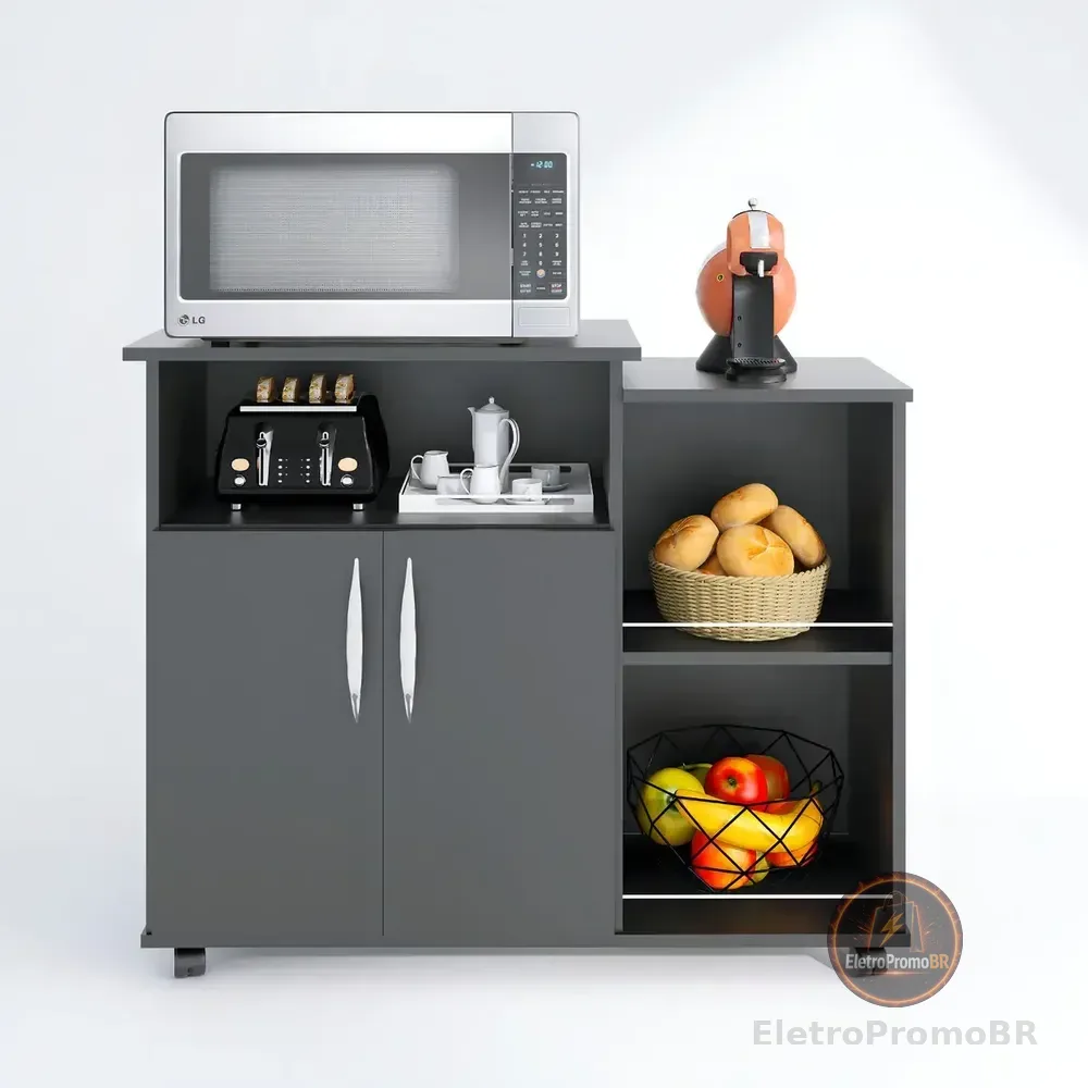Armário Cozinha Ajl Preto Fruteira Com Rodas Porta Microondas 2 Portas Black