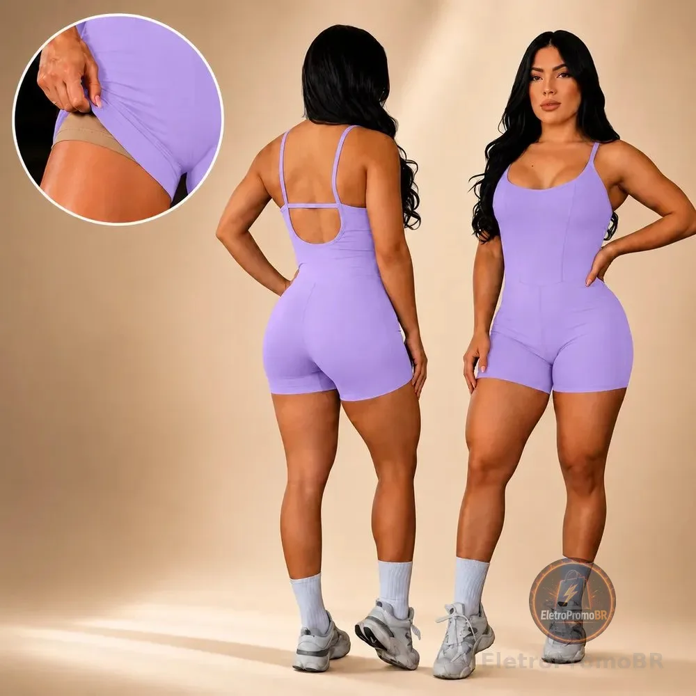 Macaquinho Academia Forrado Feminino Curto Fitness Em Suplex Lilás M (36-38)