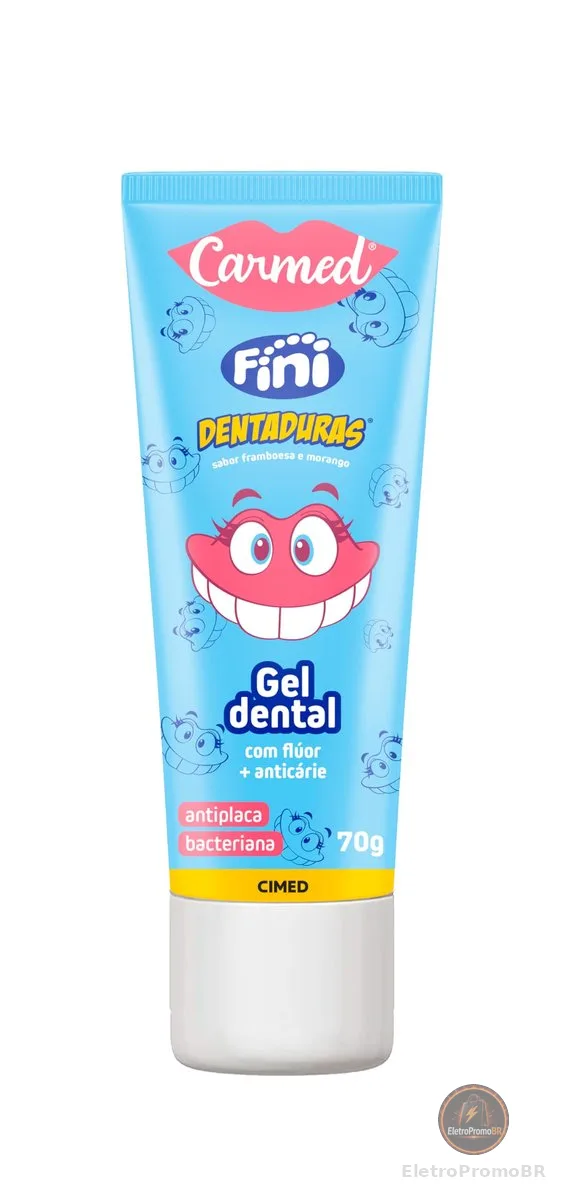 Carmed Fini Dentaduras Gel Dental com Flúor Sabor Framboesa e Morango 70g