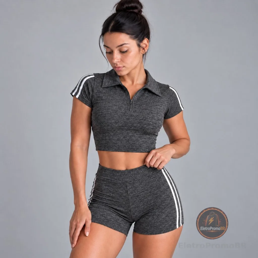 Conjuntinho Feminino Moda Fitness Curto Com Listras Laterais E Gola Alta Tecido Poliamida Premium Ziper