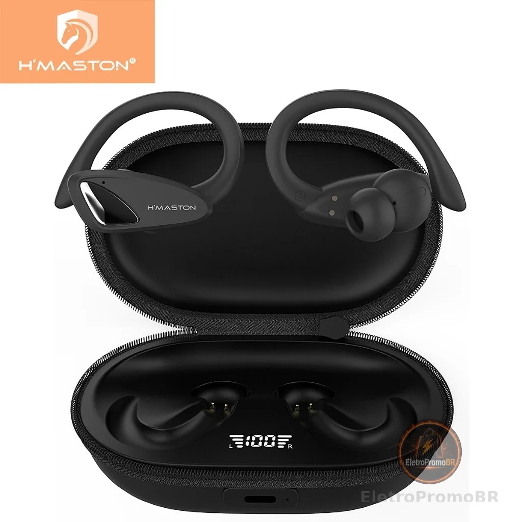 Fone de Ouvido Sem Fio Bluetooth Esportivo 15h Bateria Gancho Orelha Display  Original Cancelamento Ruído