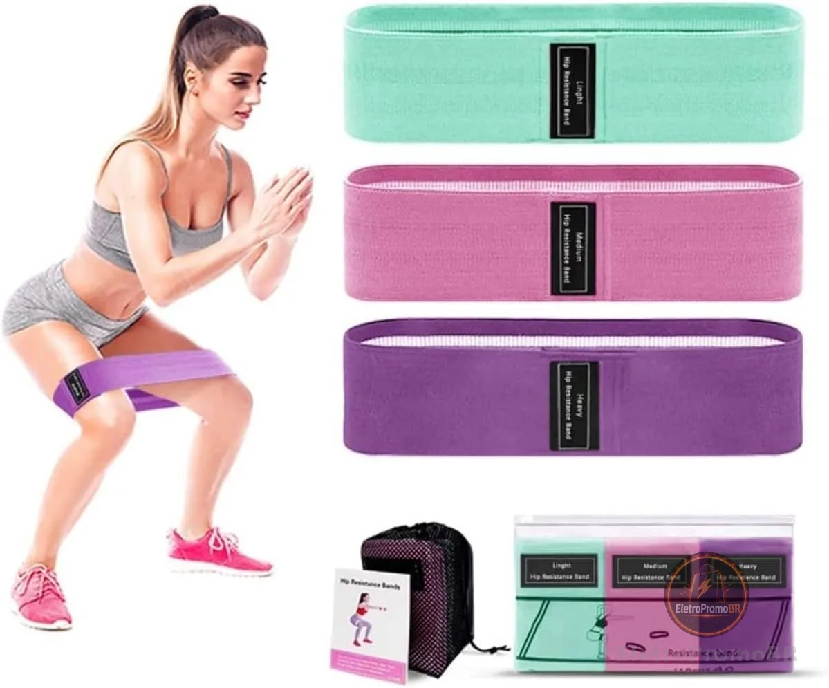 Kit 3 Faixas de Resistência em Tecido Antiderrapante, Bandas Elásticas para Glúteos e Pernas com 3 Níveis de Intensidade, Treino Funcional em Casa, Academia, Pilates e Fitness