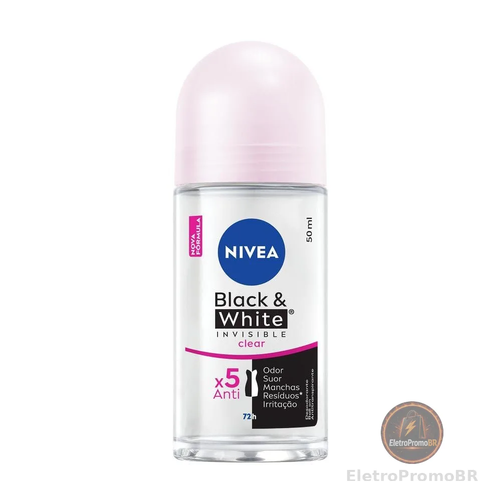 NIVEA Desodorante Antitranspirante Roll On Invisible Black & White Clear 50ml - Proteção prolongada de 48h, cuidado suave, ação antibacteriana, fórmula 5 em 1: anti-manchas, anti-odor