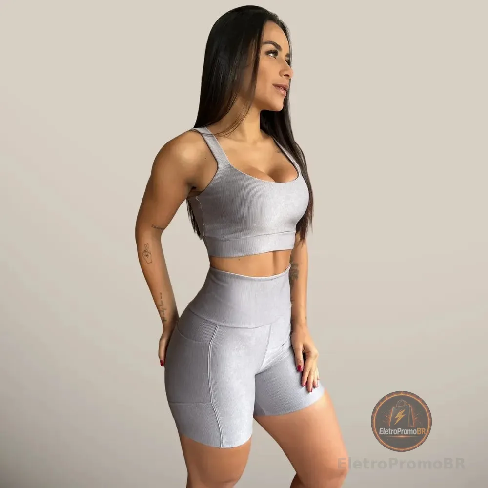 Kit Conjunto De Academia Top E Short Para Corrida Canelado Cinza M (42)