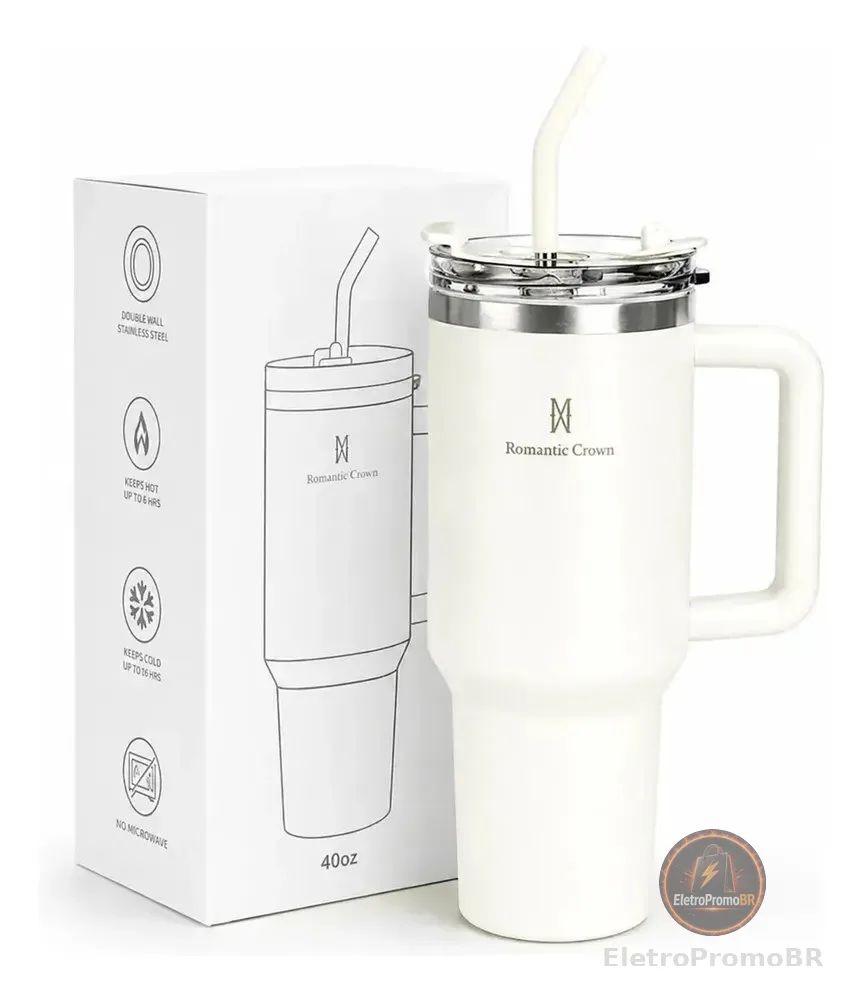 Copo Térmico Gigante 1,2l Inox Com Tampa E Inox Canudo Cor Branco Cor Pura / Material Fosco