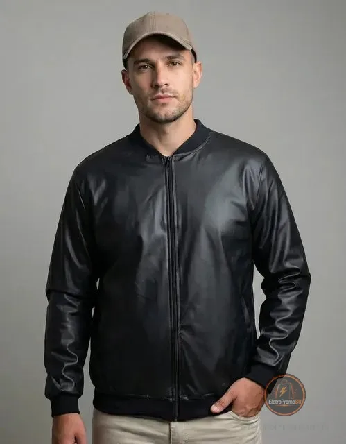 Jaqueta Bomber Courino Masculina Preta Com Zíper