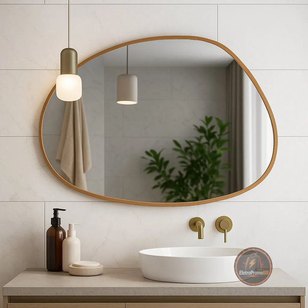 Espelho Orgânico 60x40cm com Couro Ecológico Decoração Para Lavabos Salas Quartos Escritórios