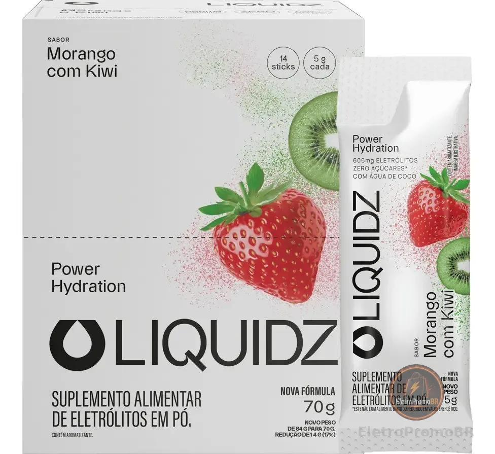 Liquidz® Eletrólitos Zero Açúcar Morango Com Kiwi 14 Sachês