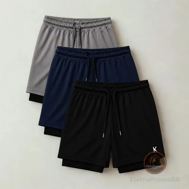Kit 3 Shorts 2 Em 1 Masculino De Compressão Corrida Academia