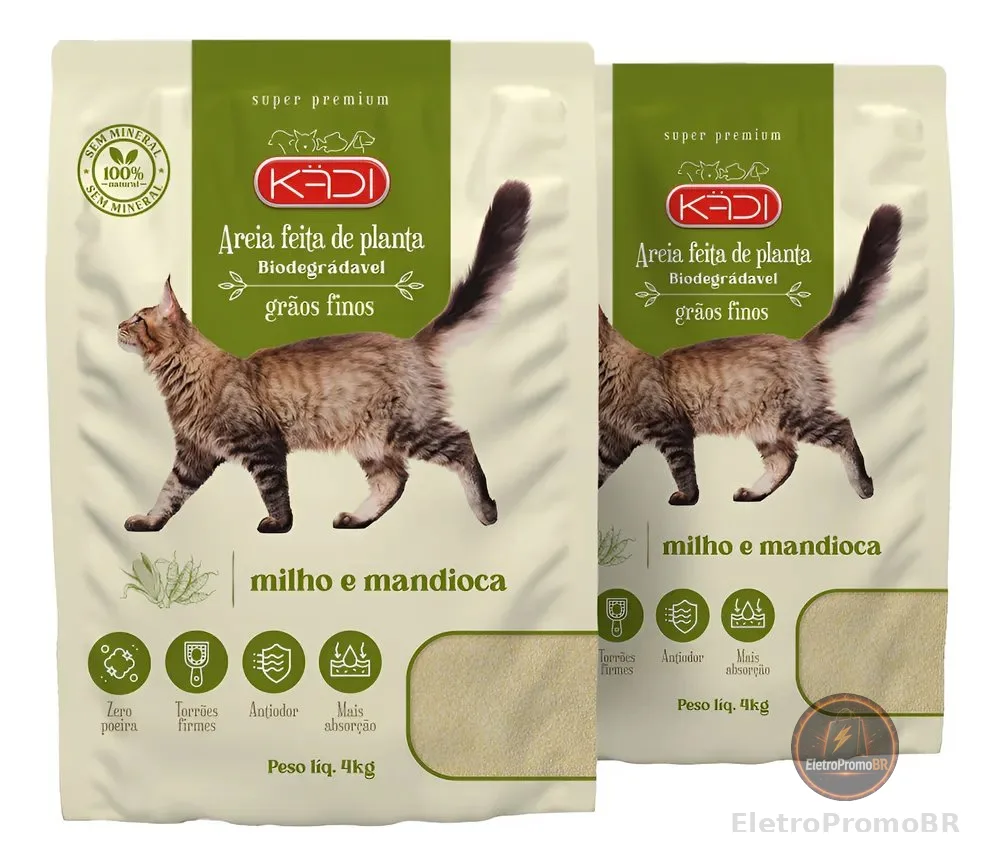 Kit 2un Areia Higiênica Gatos Grãos Finos Kadi 4kg + Brinde
