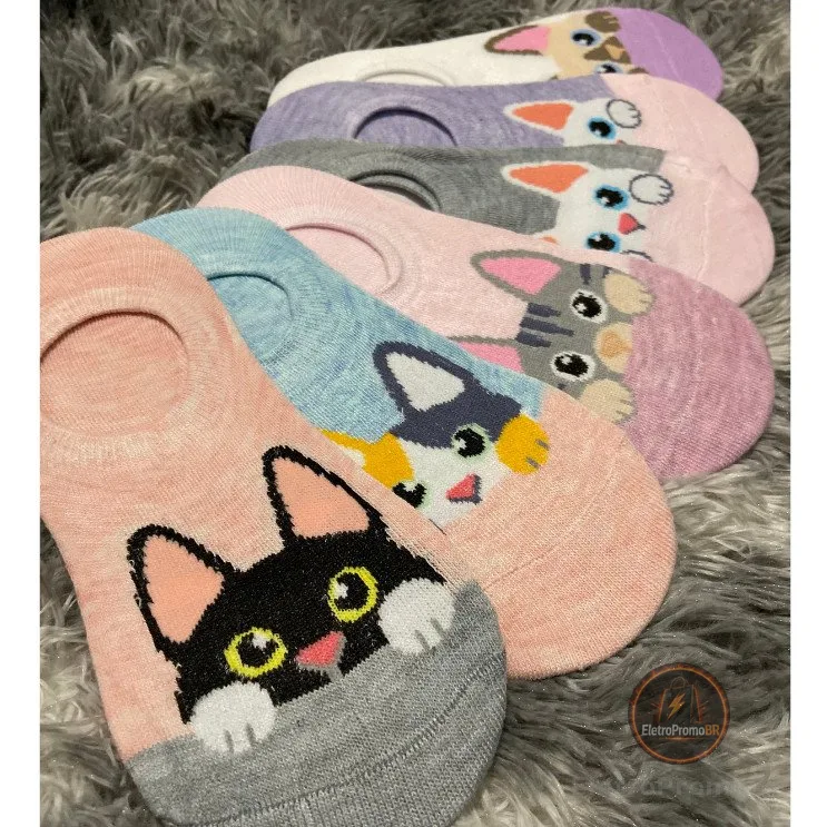 KIT Pares Meias Feminina Invisível Estampada Bichinho Algodão Gatinho Sapatilha Conforto