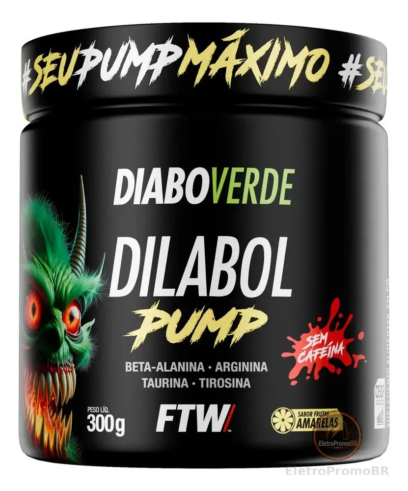 Pré Treino Dilabol Pump Diabo Verde Sem cafeína Pote 300g Sabor Frutas Amarelas - FTW