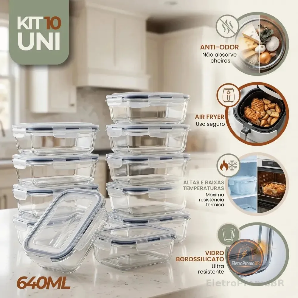 Kit 10 Pote De Vidro Marmita Hermético 640ml Freezer Fitness Rishon