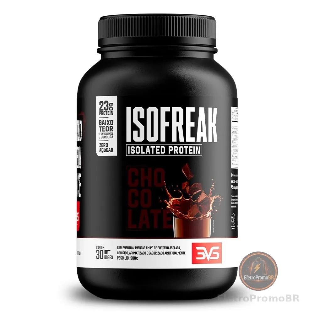 Isofreak Protein Isolada Chocolate 900g 3VS Nutrition · Whey Isolado + Proteína de Soja · 23g de Proteína por Porção · 30 doses