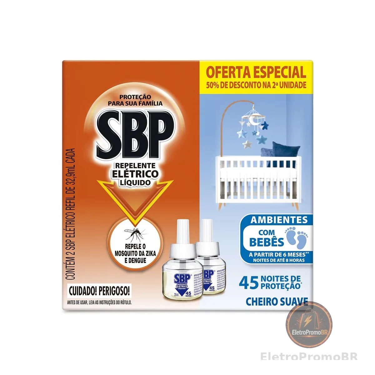 Repelente Elétrico Líquido SBP 45 Noites Cheiro Suave com 2 unidades de 32.9ml