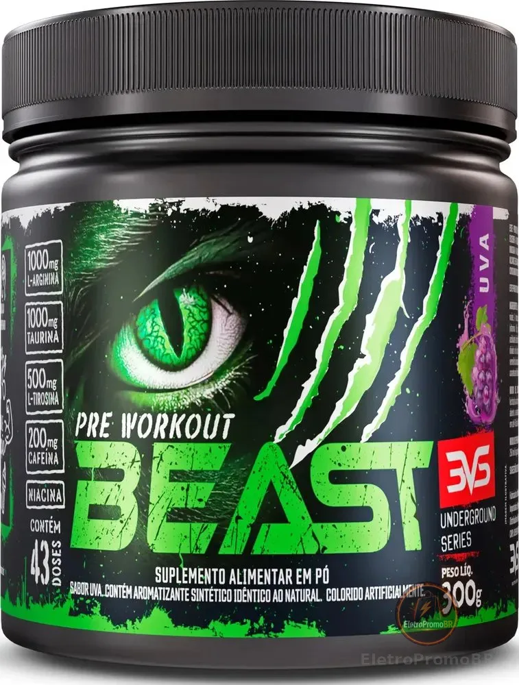 Pré-treino Beast 300g Sabor: Uva - Ultra Concentrado - Promove Vasodilatação, Recuperação Energética, Aumento De Óxido Nítrico, Desintoxicação E Melhora De Concentração E Foco