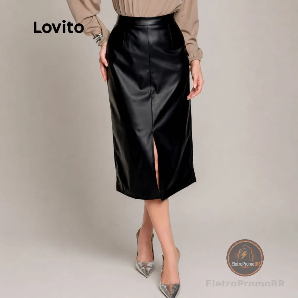 Lovito Saia Inverno Couro Fake Midi com Fenda SKB1414BRL1444