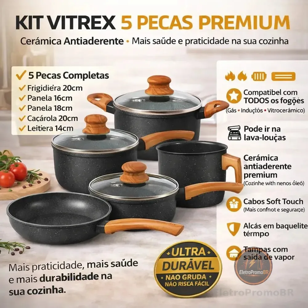 Jogo De Panelas Cerâmico Triplo Indução Vitrex Ecoglid 5 Peças Cor Preto Granito
