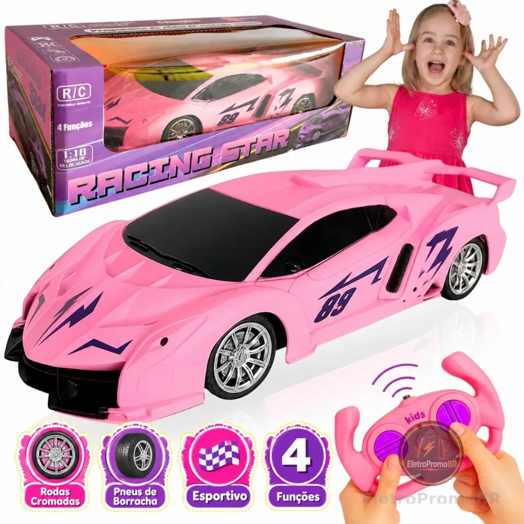 Carrinho de Controle Remoto Rosa com Luz Brinquedo de Menina Infantil 1:18