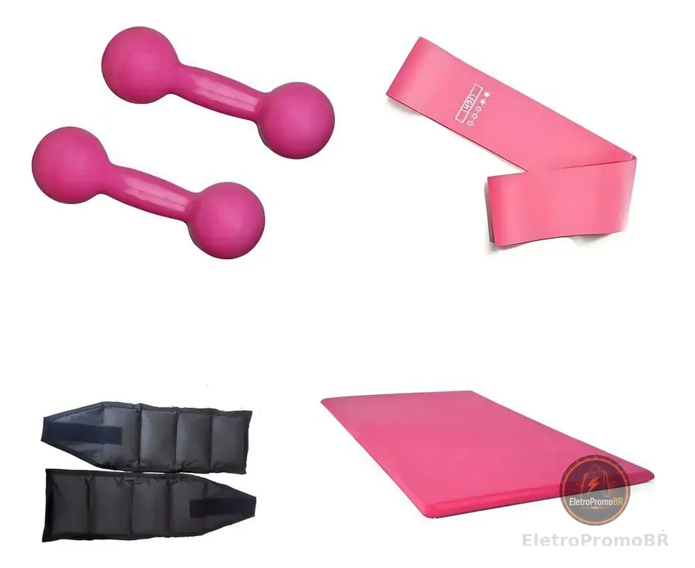 Kit Aeróbico Halter 2 Kg + Caneleira 3 Kg + Colchonete Rosa