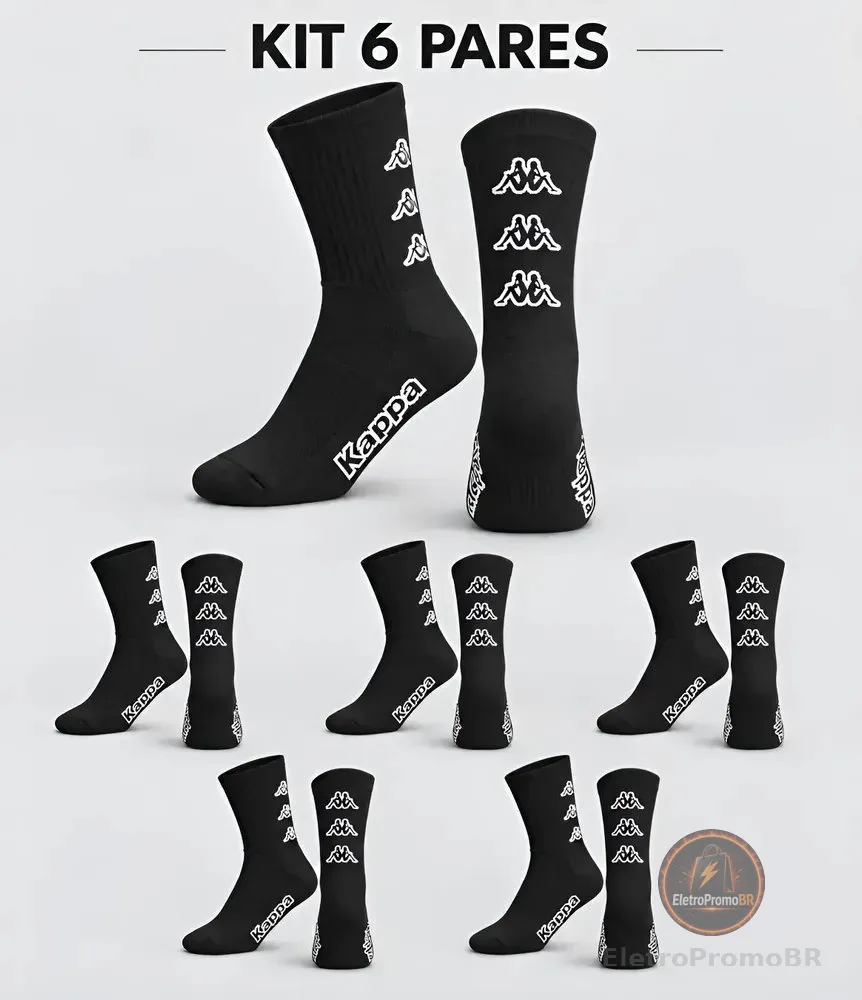 Kit 6 Pares Meias Kappa Algodão Cano Médio Conforto Original Preto 38-43