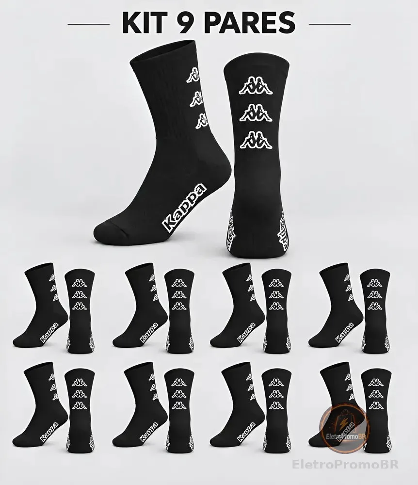 Kit 9 Pares Meias Kappa Algodão Cano Médio Conforto Original Preto 34-38