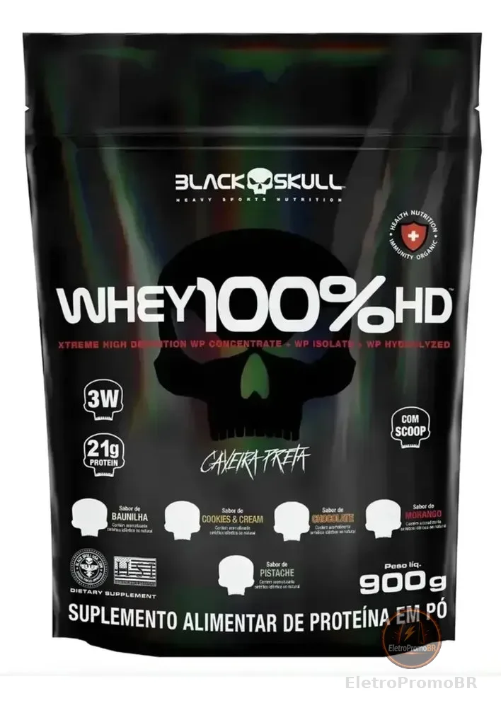 Whey 100% Hd Refil Black Skull - 900g (wpc, Wpi E Wph) Sabor Baunilha