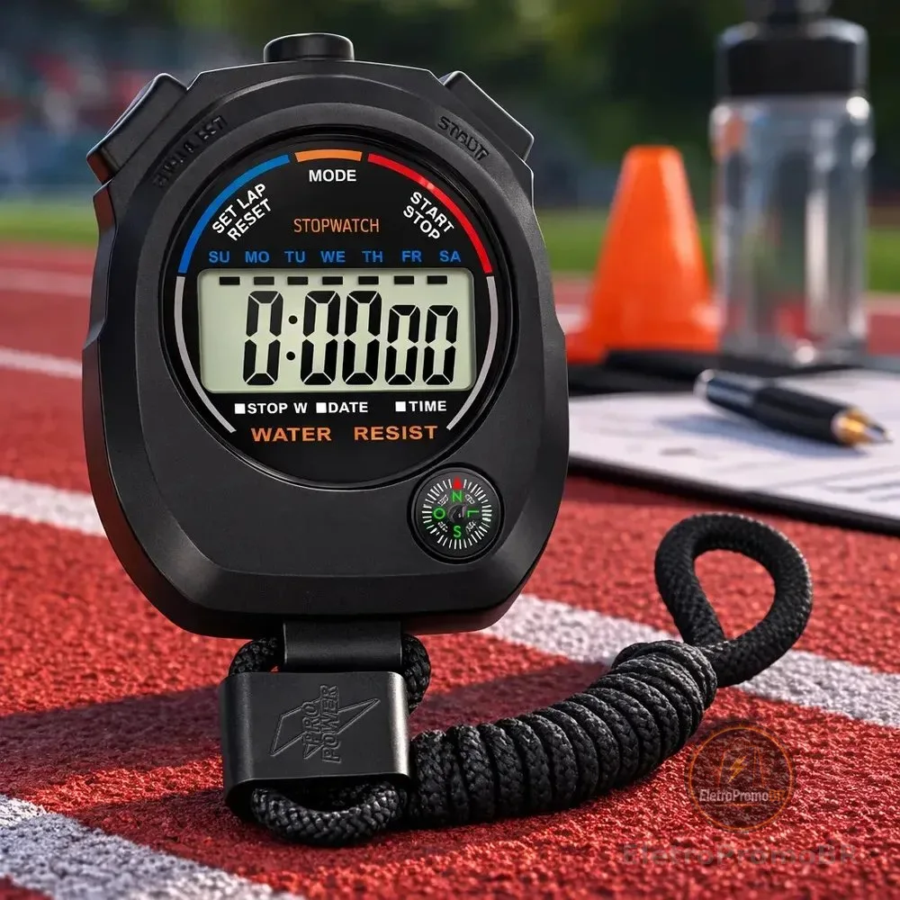 Cronômetro Digital Profissional Esportivo 1/100s Alarme Hora Data Bússola Portátil Display LCD Corrida Treino Natação Futebol Crossfit Preto Pro Power