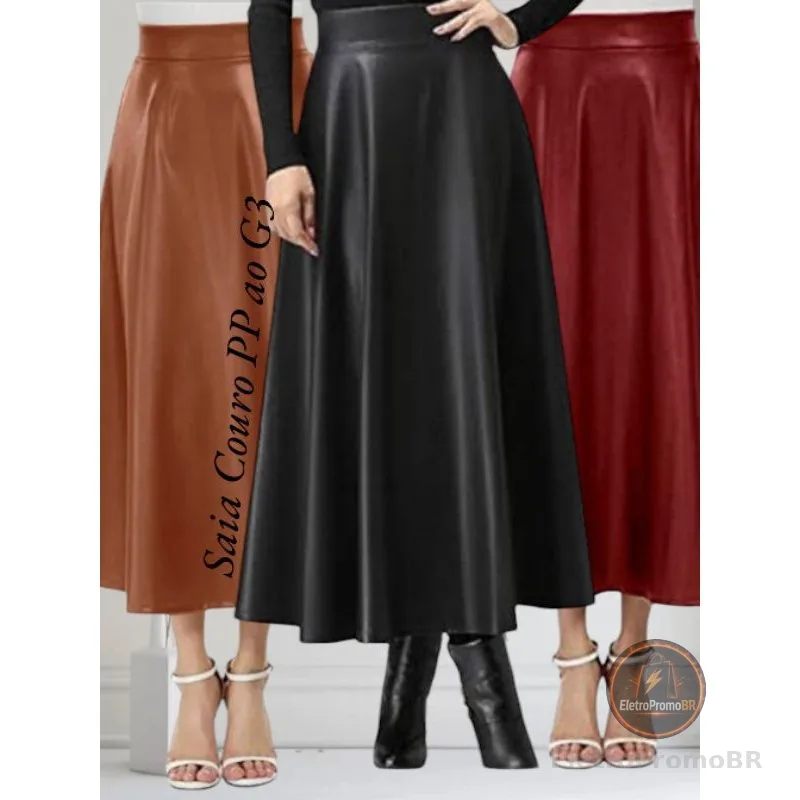 Saia Midi longa de Couro gode elegante estilo longuete do PP ao g3