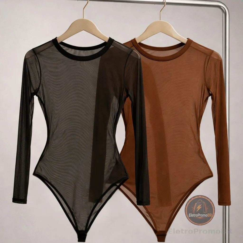 Conjunto Com 1 ou 2 Body Tule Feminino Manga Longa Transparente