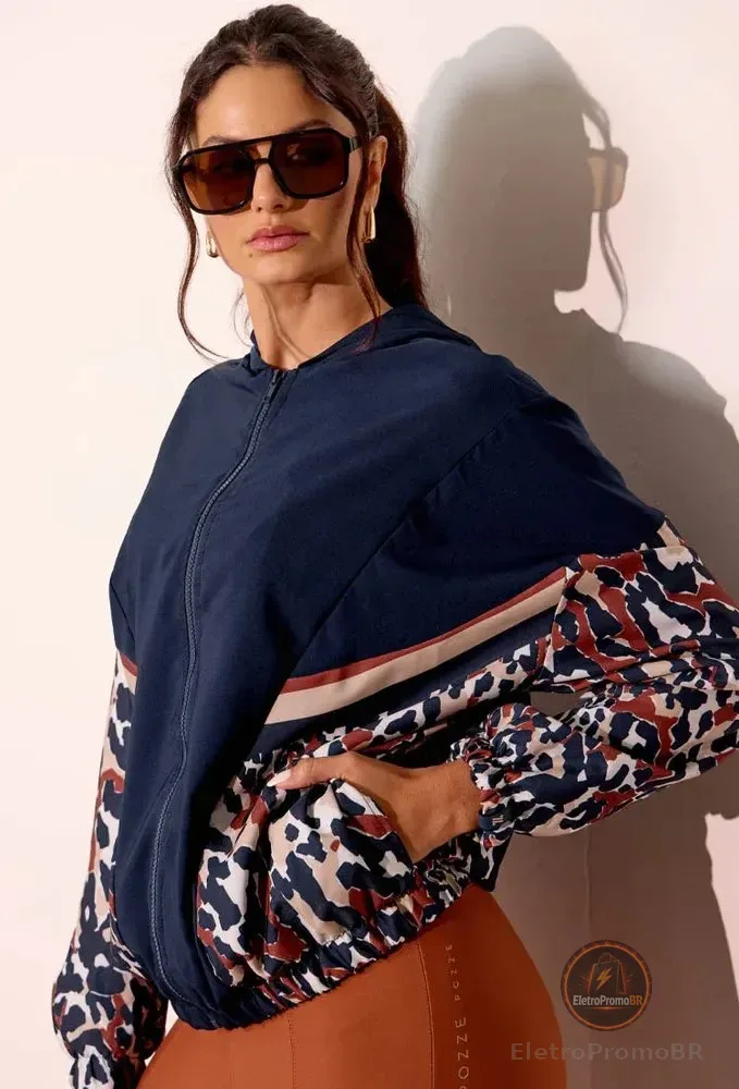 Jaqueta Feminina Corta Vento Pozze Capuz Academia Premium Azul-escuro Gg