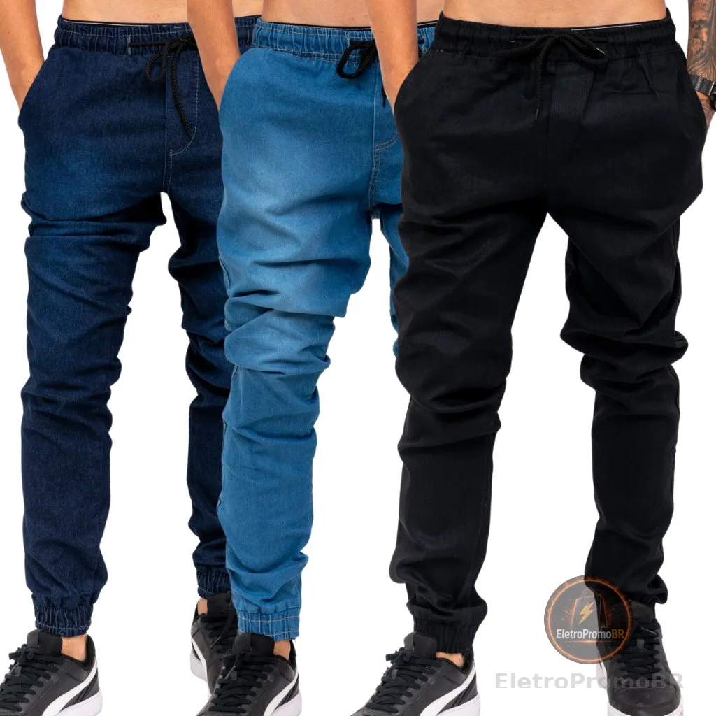 Kit 3 Calças Jogger Masculina Jeans e Sarja C/ Punho Lycra