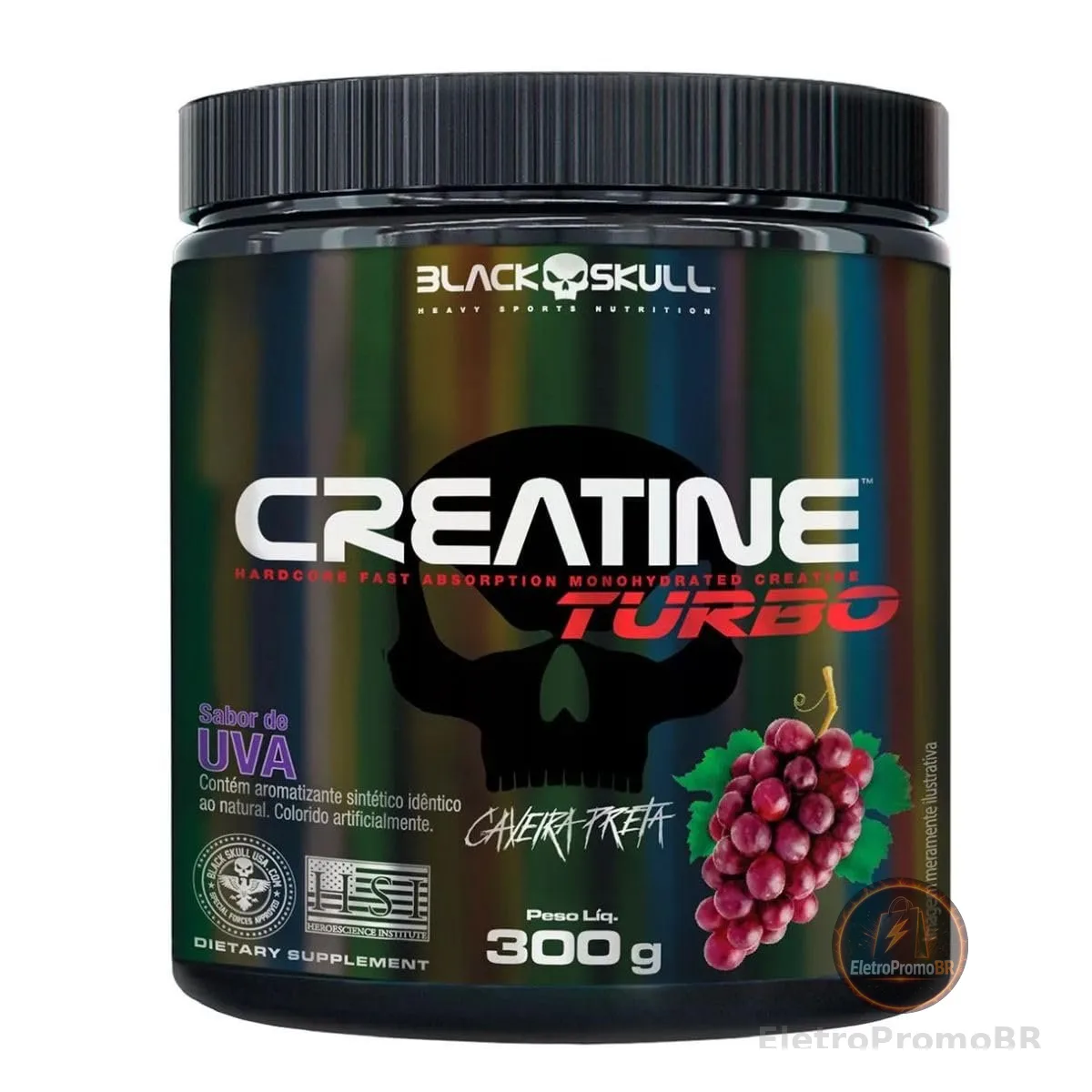 Creatine Turbo BlackSkull - Creatina Monohidratada em pó, com carboidrato para melhor absorção e performance (300g Pote, Uva)