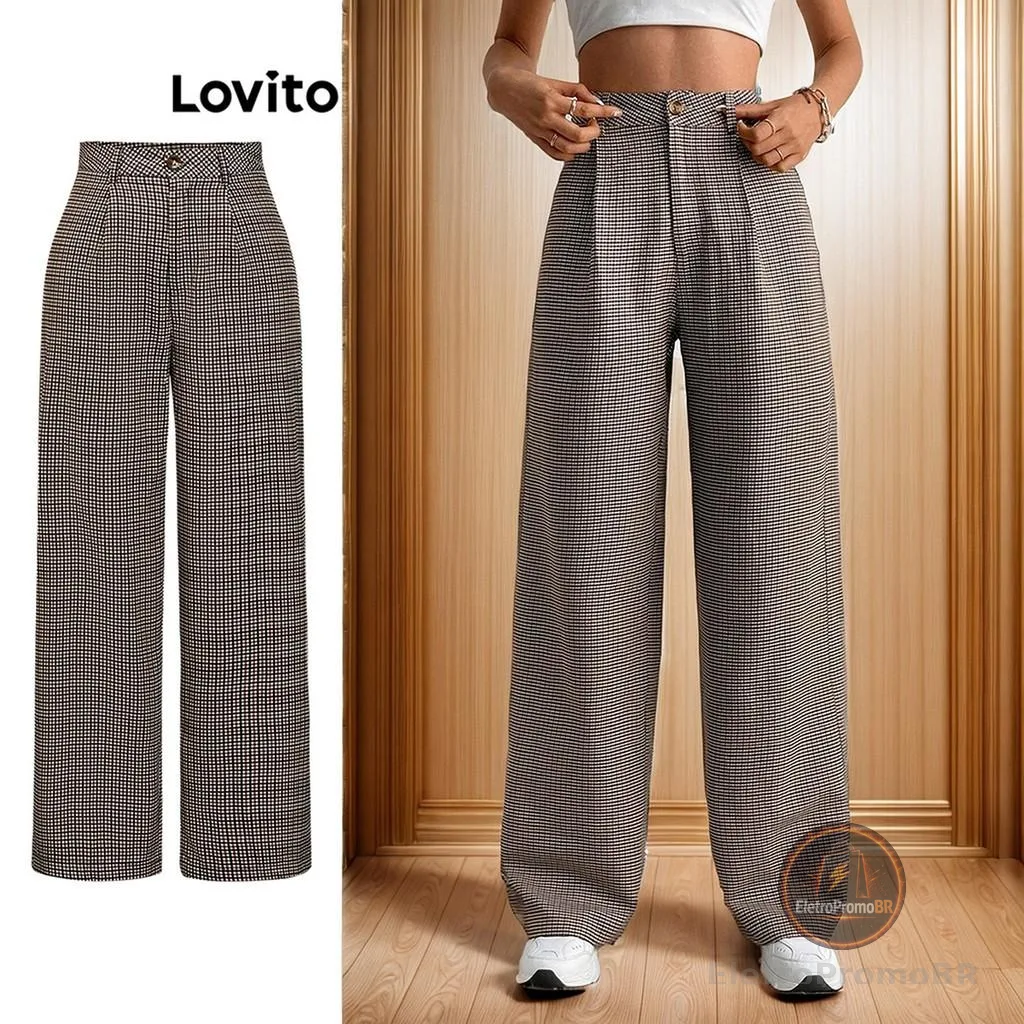 Lovito Calça Alfaiataria  Feminina Xadrez com Pregas PTB10BR233