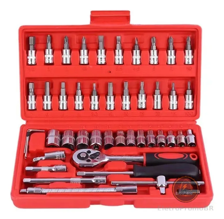Kit Ferramentas 46 Peças Com Soquetes e Chaves Para Carro e Casa Vermelho