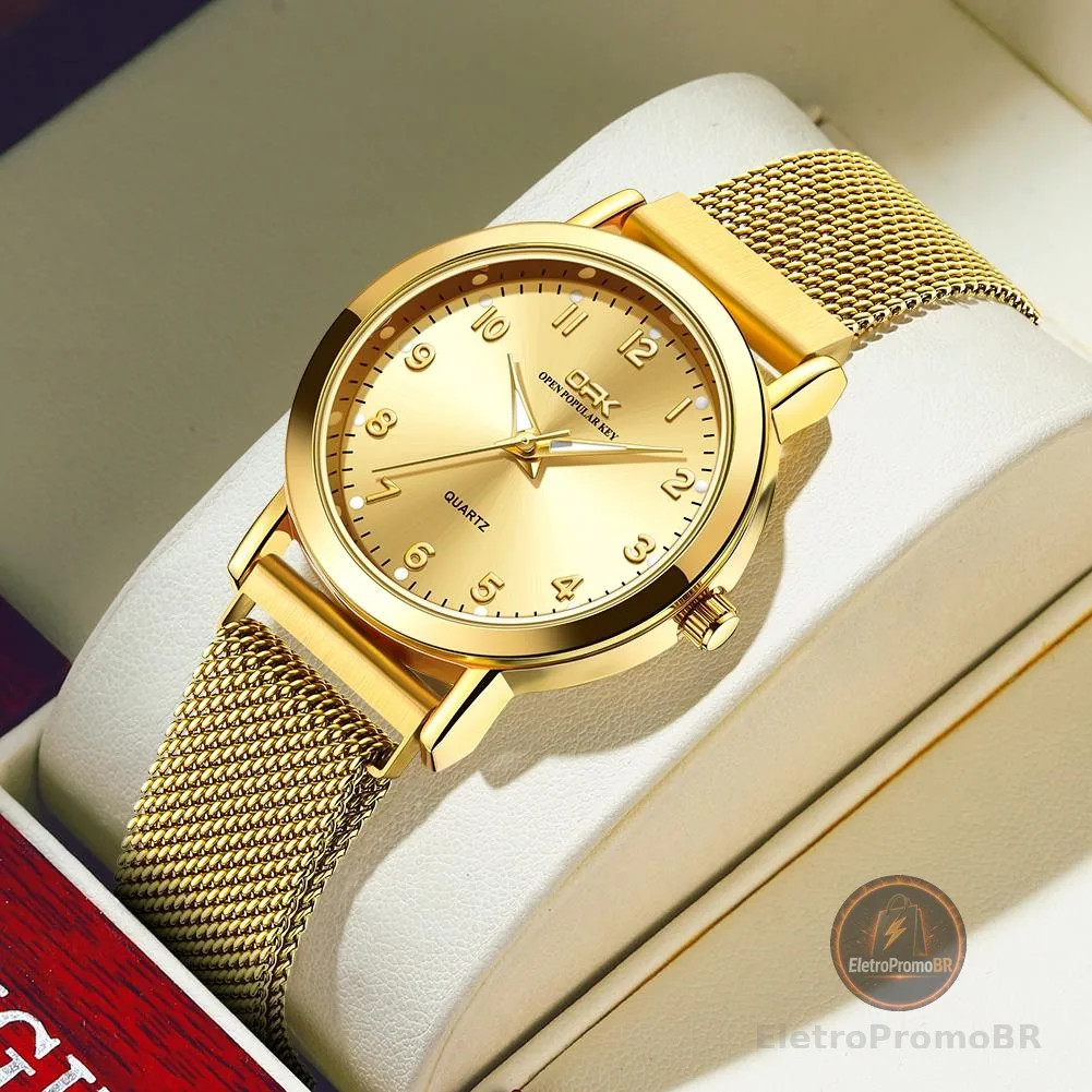 OPK Relógio Feminino Dourado à Prova d'Água Elegante Pulseira Malha Aço Moda Simples Moderno Quartzo 8115