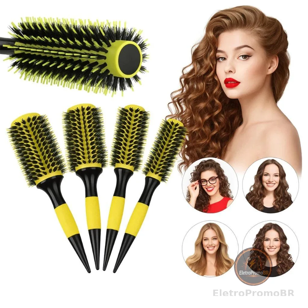 Kit 3 pc Escova De Cabelo Térmica Cerdas De Javali Mista Madeira
