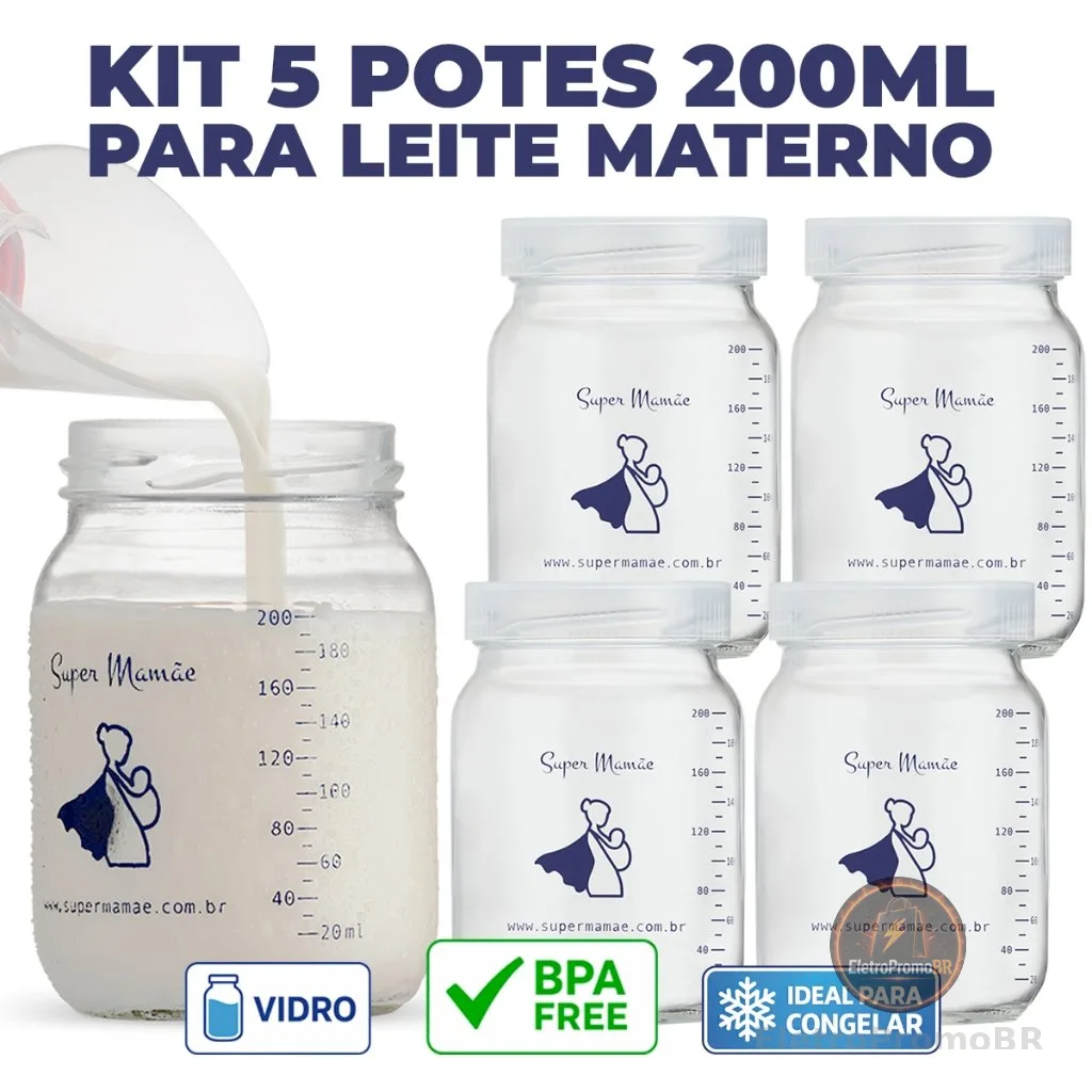 Kit com 5 Potes de Vidro para Armazenar Leite Materno 200ml Com Graduação