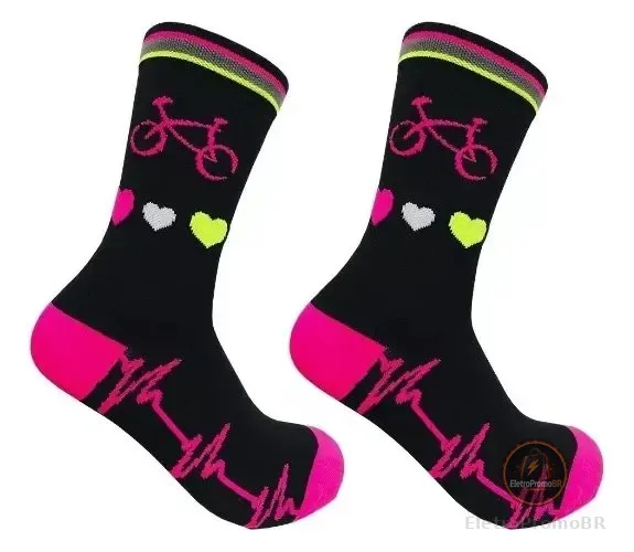 Meia Ciclismo Mtb Cano Longo Bike Coração Rosa Rosa 35br-40br
