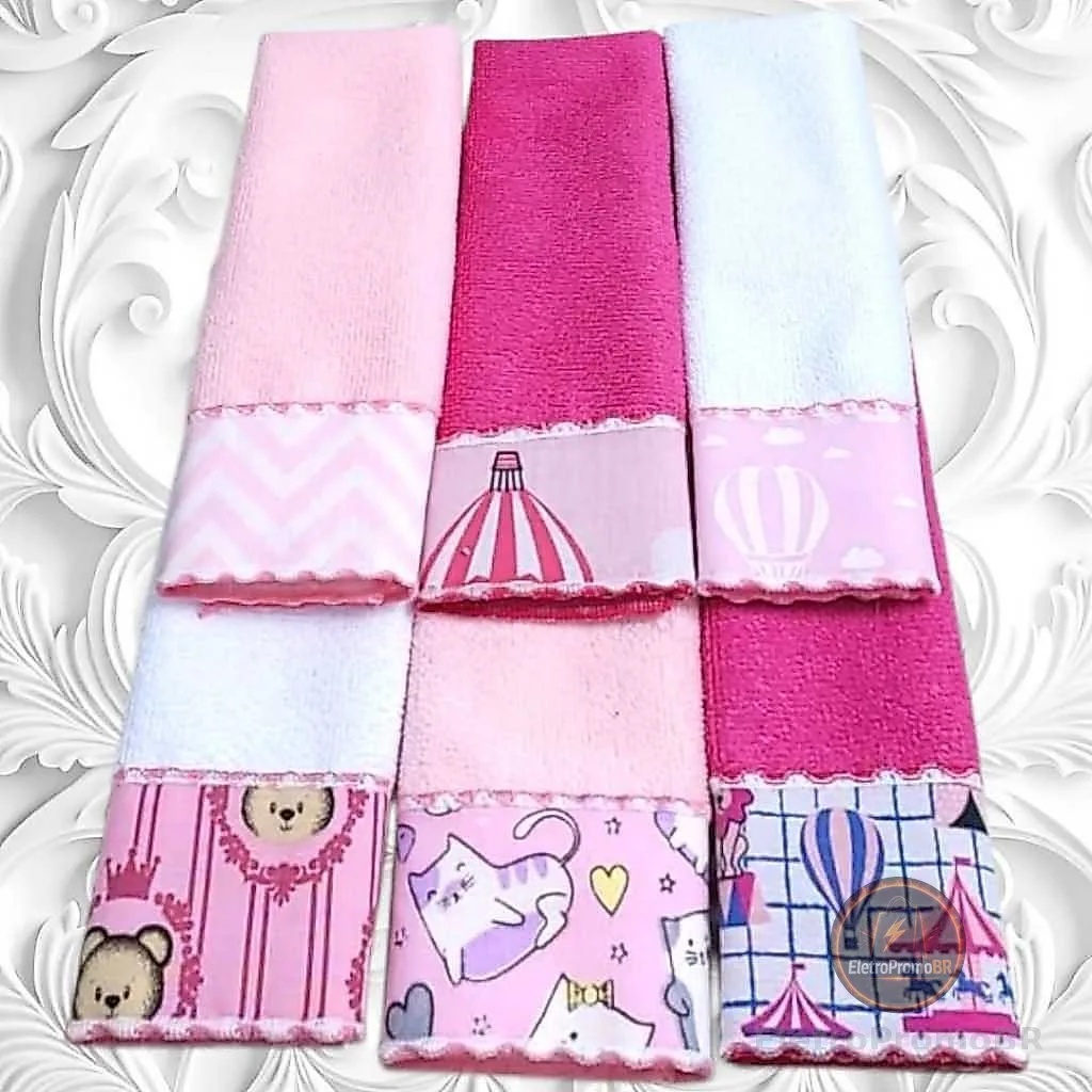 Kit Toalha Ombro e Boca Babete 06 Unidades Overlocado e Tecido Com Estampas Variadas Toalhas Coloridas