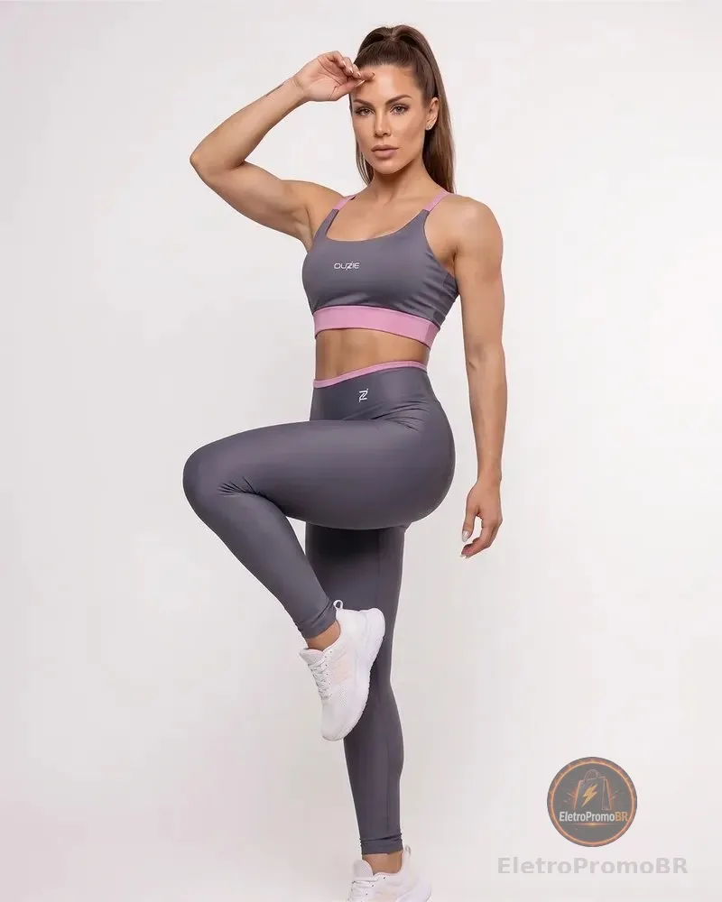 Conjunto Fitness Academia Calça E Top Zero Transparência Cinza/rosa Liso M