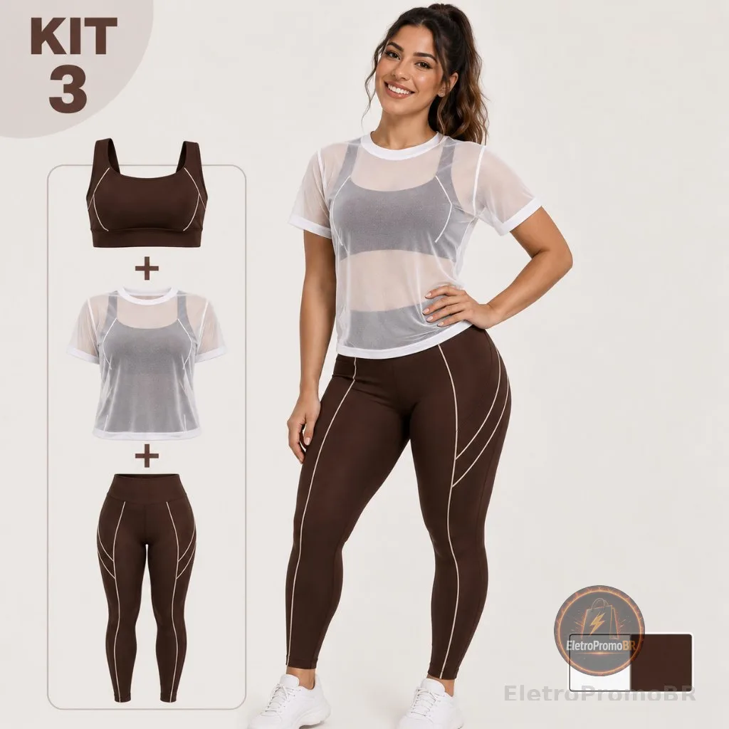 Conjunto Fitness Feminino 3 Peças Calça Legging + Top + Blusa Tule Academia Cintura Alta